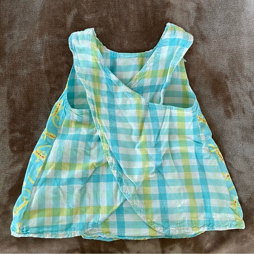 Handmade Little Girls Blue Cotton Crossover Tunic with Yellow Lizard Print Sz4-6 - Picture 5 of 10